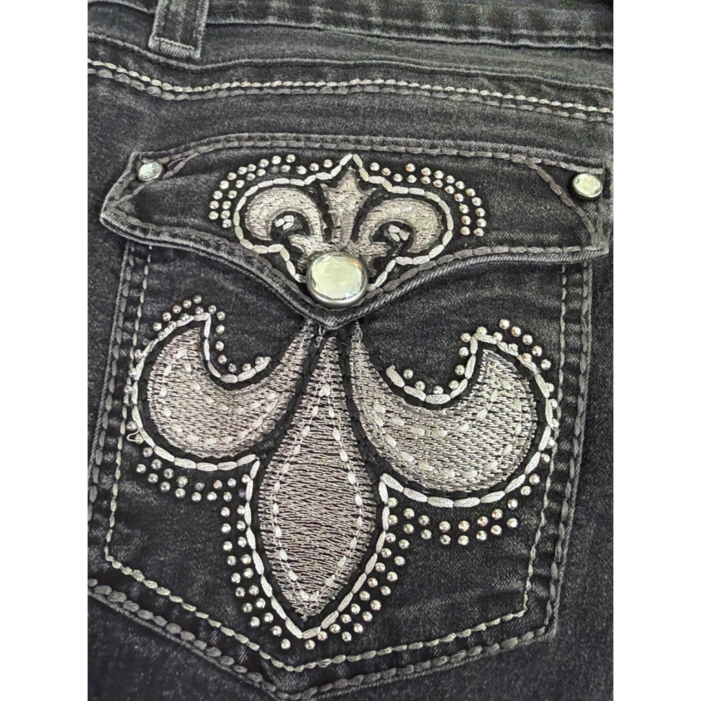 Y2K LEI Ashley Jeans 13 Black Low Rise Slim Bootcut Embroidered Fleur dis Lis - Picture 2 of 8